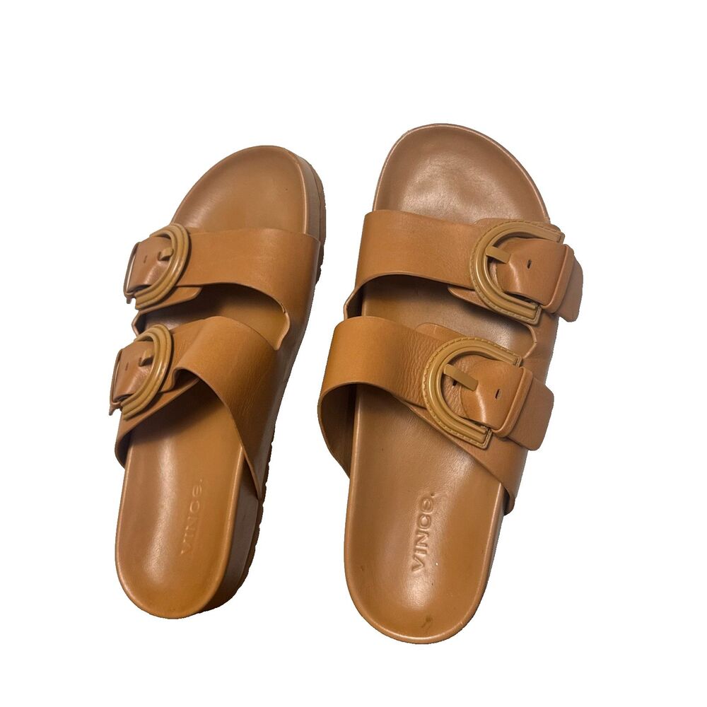 Vince Tan Leather Sandals Women 7 Double Buckle Slides Minimalist Casual